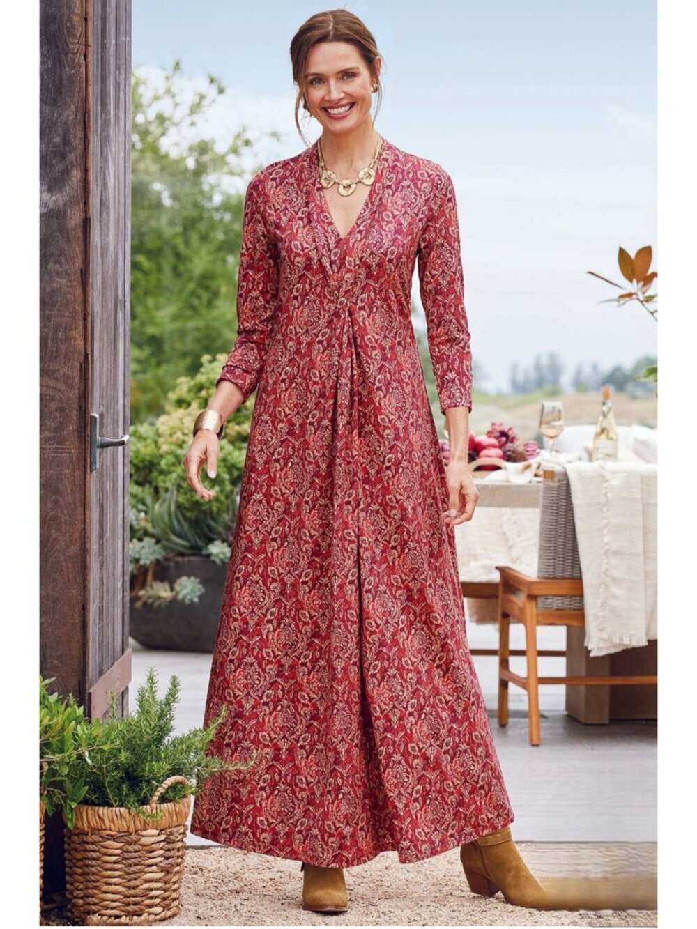 Soft Surroundings Lagia Dress Red Paisley Floral Jersey Midi Long Sleeve Size L